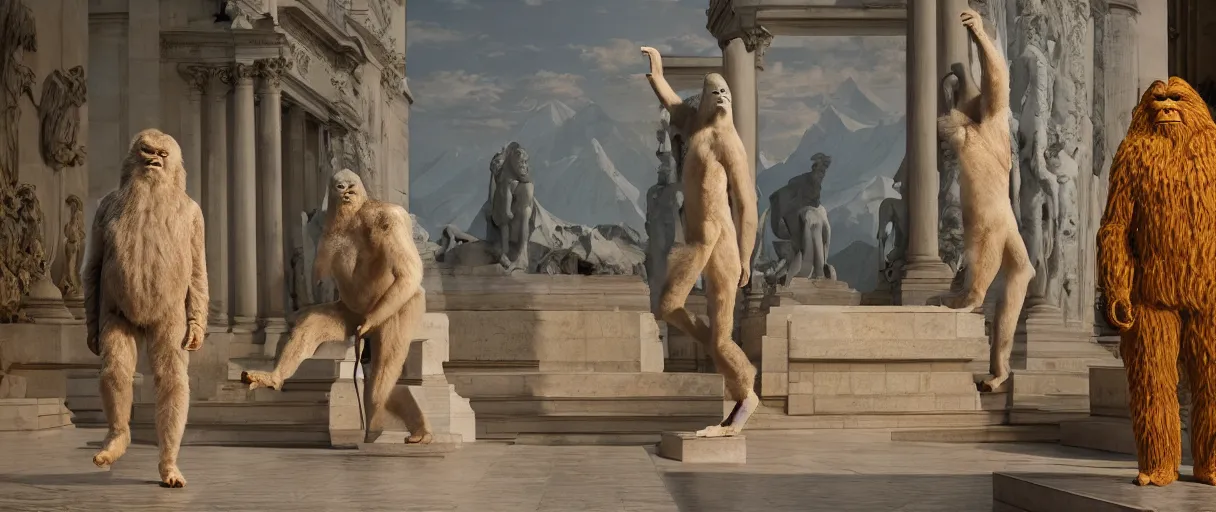 Image similar to accidentally wes anderson award - winning photograph of yeti and bigfoot visiting louvre, accidental renaissance, golden ratio, fibonacci composition, 4 k, detailed, art by greg rutkowsky, trending on artstation, cinematic lighting, filmic grain, golden hour, detailed, 4 k