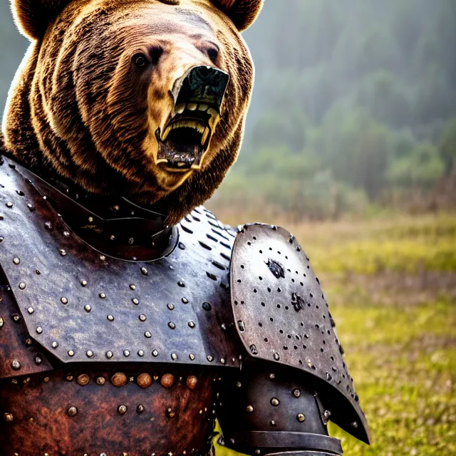 Image similar to photo of a armoured bear warrior, highly detailed, 8 k, hdr, close up, smooth, sharp focus, high resolution, award - winning photo