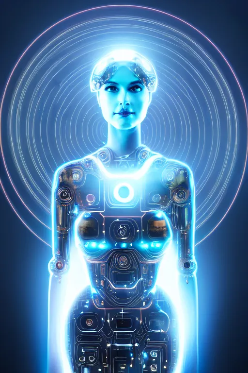Prompt: portrait of the goddess of artificial intelligence as a half robotic beautiful girl, in front of a shining orb of data, threads of light in the background, detailed eyes, extremely high quality artwork, very detailed, trending on artstation