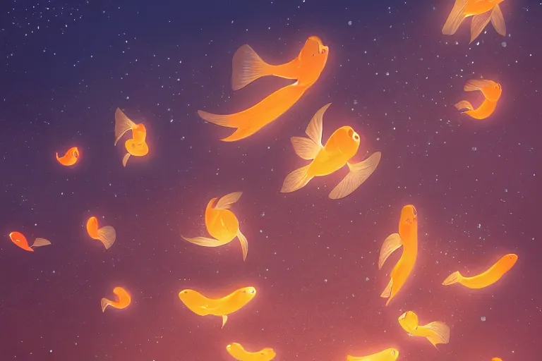 Image similar to fantasy art of glowing goldfish floating in the air, in a japanese town at night, by makoto shinkai, close up, low angle, wide angle, highly detailed digital art, trending on artstation