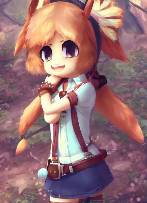 Prompt: female explorer mini cute girl, adoptable, highly detailed, rendered, ray - tracing, cgi animated, 3 d demo reel avatar, style of maple story and aura kingdom, maple story indiana jones, fluffy fox ears, dark skin, cool clothes, soft shade, soft lighting, portrait pose