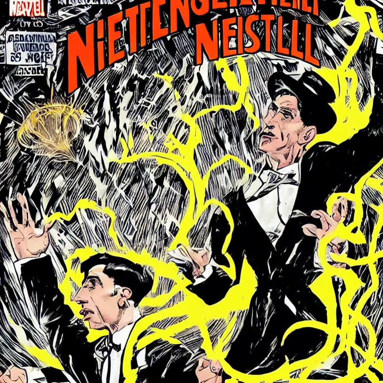 Image similar to Nikola Tesla spewing lightning from hands, netflix, marvel, full hd, comics