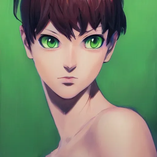 Image similar to A potrait of a green cat with big red eyes, fine-face, realistic shaded perfect face, fine details. Night setting. Very anime style. Realistic shaded lighting poster by Ilya Kuvshinov katsuhiro, magali villeneuve, artgerm, Jeremy Lipkin and Michael Garmash, Rob Rey and Kentarõ Miura style, trending on art station