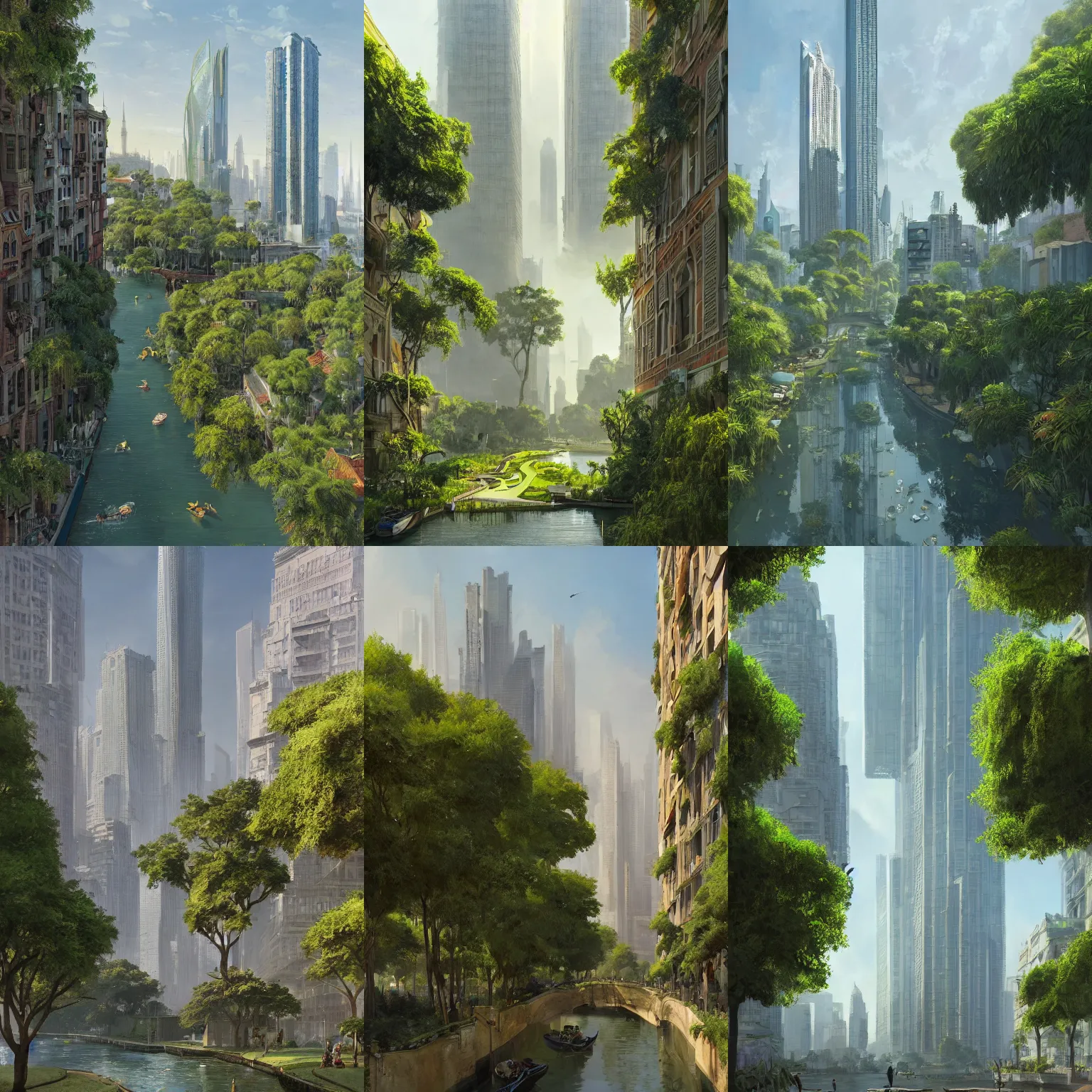 Prompt: a green city with skyscrapers, gardens and vegetation growing on the buildings, waterways and canals, summer season, very hot, dry, crisp weather, clear blue sky, architecture, a realistic digital painting by greg rutkowski and james gurney, trending on artstation, highly detailed, 8 k