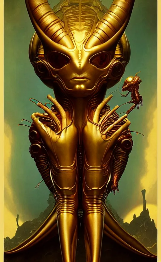 Image similar to exquisite imaginative alien creature poster art, humanoid, gold, movie art, by lucusfilm, weta studio, tom bagshaw, james jean, frank frazetta alphonso mucha, norman rockwell, giu, moebius, 8 k, denoised