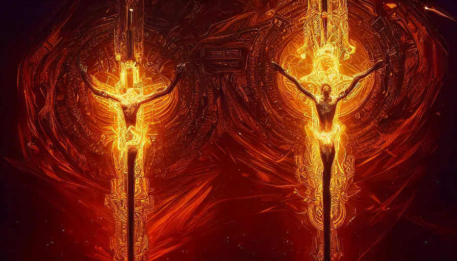 Image similar to sign of the cross, glowing, fantasy, circuitry, explosion, dramatic, intricate, elegant, highly detailed, digital painting, artstation, concept art, smooth, sharp focus, illustration, art by Gustave Dore, octane render