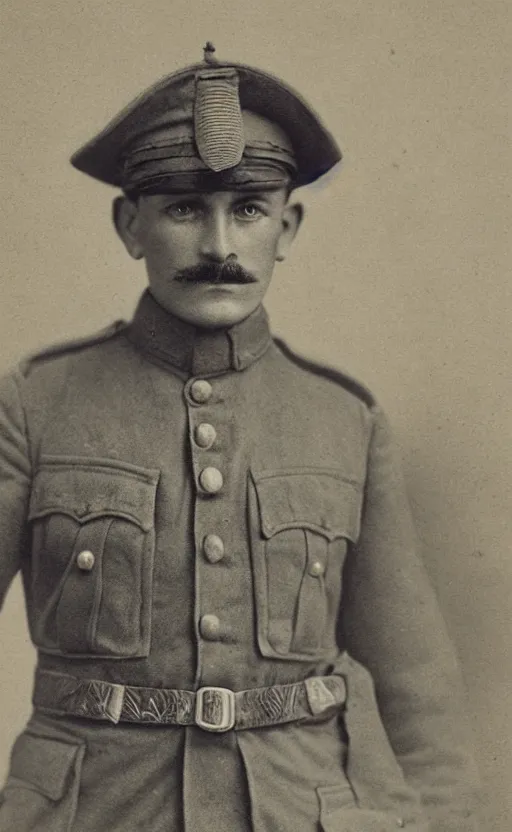 Image similar to portrait of a wwi british army officer, male, first world war, detailed face, highly detailed, cinematic lighting, photograph by elliott & fry