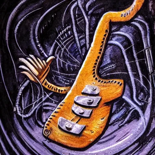 Image similar to a guitar being played by an alien in a cave in the style of H.R Giger