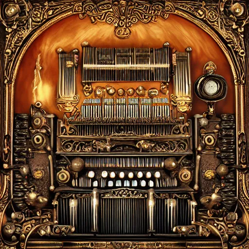 Image similar to steampunk pipe organ lp album art, intricate detail, mechanical, baroque oil painting