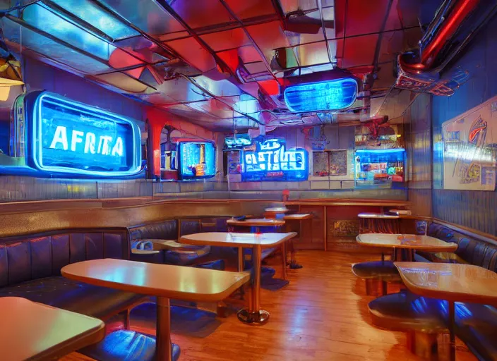 Image similar to interior of an american diner in arkansas, cyberpunk style, hyperrealistic and beautiful painting, 8 k resolution, by hugh ferris and john smith, polished, fine detail, intricate, blue color scheme, smooth, octane, concept art, trending on artstation