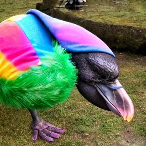 Prompt: a photo of a dodo with raimbow feathers