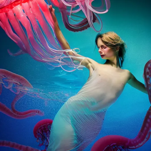 Prompt: beautiful anatomical female human body draped in silk, colorful jellyfish tentacles, flowing in the water, underwater. beautiful and elegant. beams of light, dark ambiance, cinematic, photo realistic, ultra detail