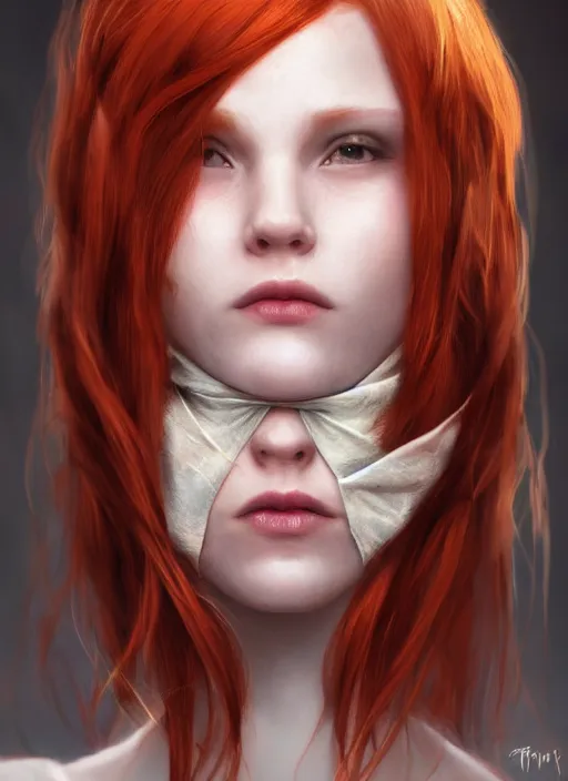 Image similar to Beautiful redhead girl which chest wrapped in bandages, portrait, fantasy, medieval, vivid colors, fantasy, elegant, concept art, sharp focus, beautiful face, digital art, Hyper-realistic, 4K, Unreal Engine, Highly Detailed, HD, Dramatic Lighting by Brom, trending on Artstation