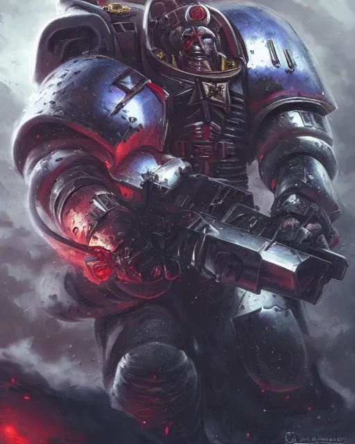 Prompt: space marine portrait, sharp focus, hyper detailed, dark fantasy, warhammer 4 0 k, digital painting, by by artgerm and greg rutkowski and magali villeneuve