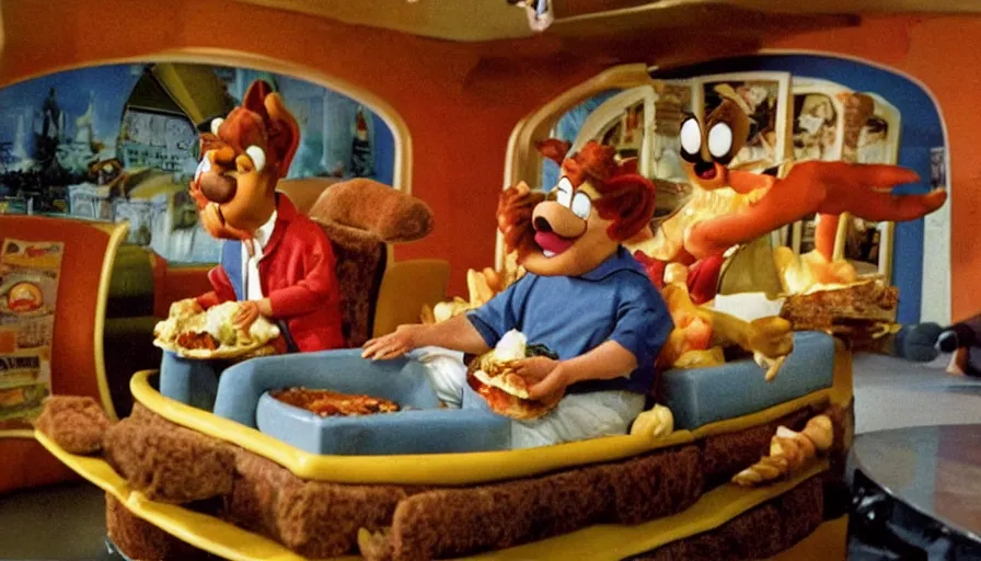 Image similar to 1990s photo of inside the Garfield Mystery Lasagna ride at Universal Studios in Orlando, Florida, riding a plate of Lasagna with Garfield through a living room filled with tons of food, cinematic, UHD