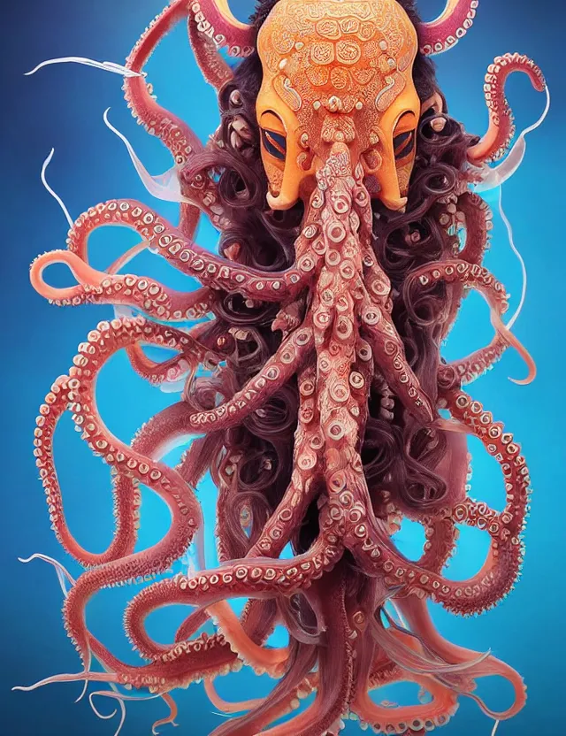 Image similar to 3 d goddess octopus half - turn portrait with long hair with ram skull. beautiful intricately detailed japanese crow kitsune mask and clasical japanese kimono. betta fish, jellyfish phoenix, bio luminescent, plasma, ice, water, wind, creature, artwork by tooth wu and wlop and beeple and greg rutkowski