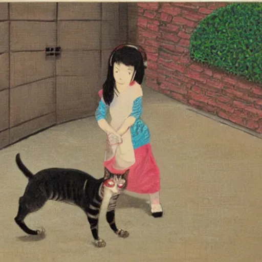 Image similar to Two girls struggling to hold a very angry and annoyed cat who is attempting to flee, painting by Yoshitomo Nara