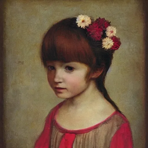 Image similar to “portrait of brownhair medieval child girl with flowers over her head, artwork, academic, sharp focus”