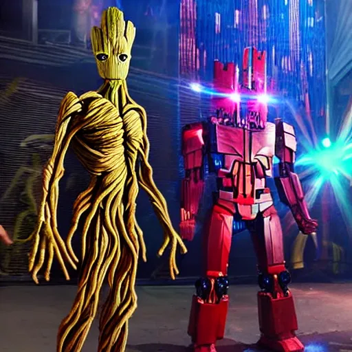 Prompt: groot and optimus prime dancing at techno party among people, wide shoot, after effect ultra realistic 3 d