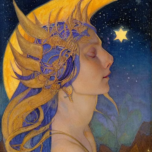 Image similar to queen of the moon with stars in her hair, by nicholas roerich and annie swynnerton and donato giancola and jean delville and dulac, dramatic lighting, god rays, geometric tattoos, rich colors, smooth sharp focus, extremely detailed, leo and diane dillon, adolf wolfli