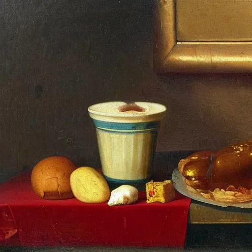Prompt: mcdonald in still life. dutch masters, 1 8 th century. oil on canvas. juicy, fresh, delicious