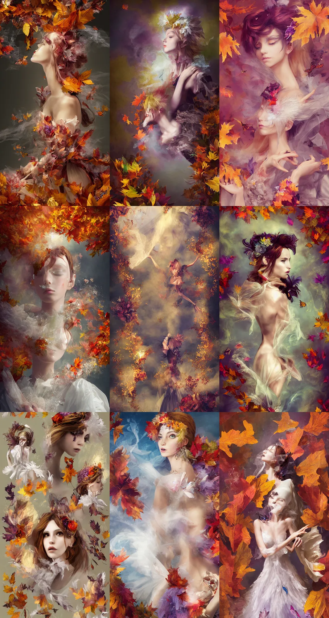 Prompt: Painterly character concept and fashion spot illustrations of a Final Fantasy and Halloween and Rococo-themed wedding, vibrant autumn colors, autumn leaves, monarch butterflies, full-body, dynamic poses, diaphanous translucent cloth, bloom, god rays, studio lighting, rim light, halo, glittery dust, intricate crystalline and feather jewelry, volumetric smoke, refractive and reflective, subsurface scattering, ornate, filigree, arcane, cinematic lighting, by Alphonse Mucha, by Bouguereau, by Rubens, by Luis Ricardo Flaero, fantasy, portfolio illustration, highly detailed, trending on Artstation, CGsociety, Pixologic top row, rendered in Octane, rendered in Arnold, HQ, 8k, 35mm lens, f2.8, Bokeh,