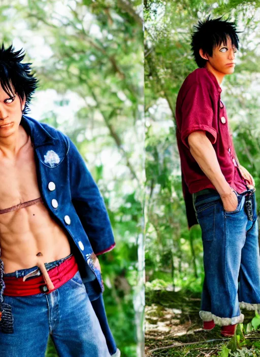 Image similar to A full portrait photo of real-life luffy one piece, f/22, 35mm, 2700K, lighting, perfect faces, award winning photography.