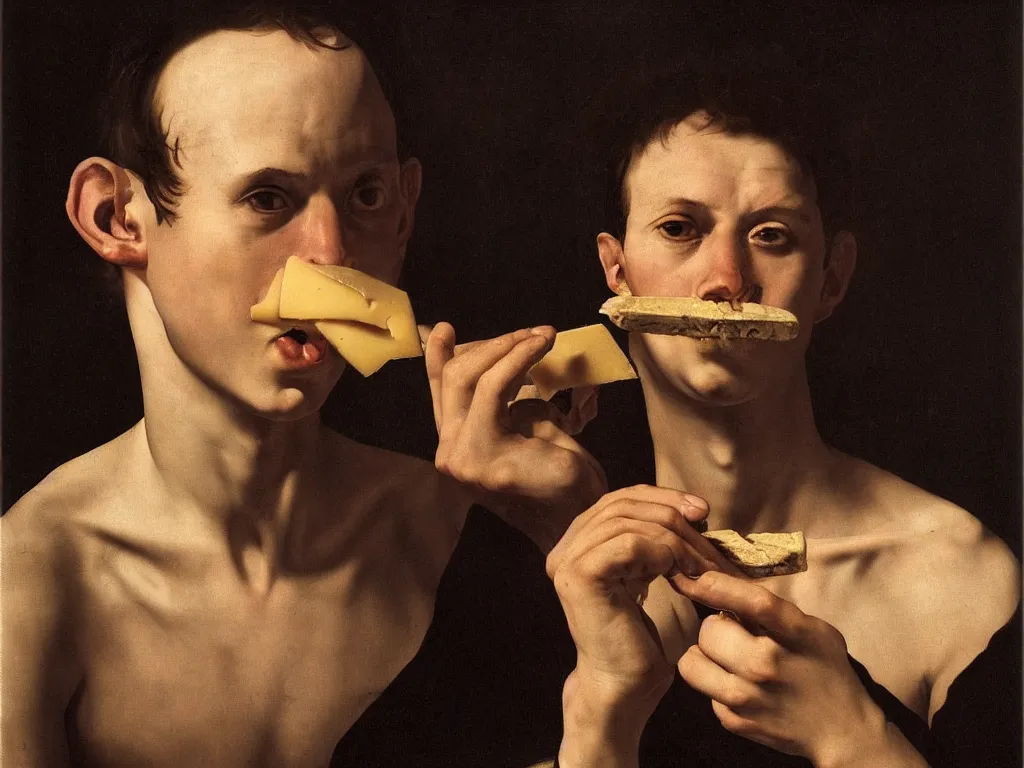 Image similar to Tired but beautiful, symmetrical young man eating bread, cheese. Golden harsh light. Portrait by Caravaggio, inspired by Roger Ballen