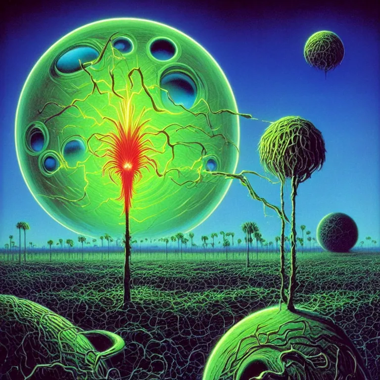 Prompt: eyeball in palm over glowing fields of infinite quantum ghosts, synthwave, bright neon colors, highly detailed, cinematic, tim white, vladimir kush, philippe druillet, roger dean, bob eggleton, michael whelan, boris vallejo, alfred kelsner, kubrick, jaroslaw jasnikowski