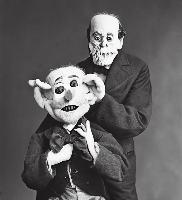 Image similar to hyper realistic old photography of lunatic mad ventriloquist old man with terrific haunted puppet