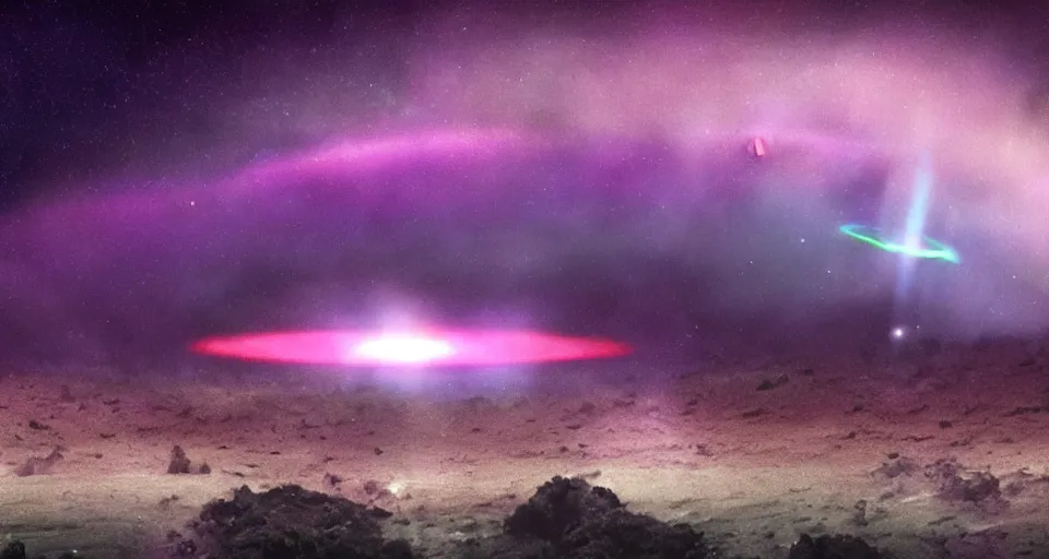 Image similar to screenshot from the new sci - fi film directed by denis villeneuve 4 k. cinema. close orbital of a new alien world nested within an asteroid belt nebula. purple and green lightning aurora upon it's surface.