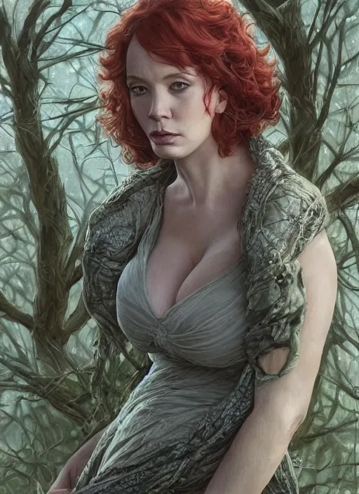 Image similar to tired Christina Hendricks taking a rest under a tree after an long adventure a ruggedly muscled handsome heroine, intricate, elegant, highly detailed, centered, digital painting, artstation, concept art, smooth, sharp focus, illustration, artgerm, donato giancola, Joseph Christian Leyendecker, WLOP, Artgerm, thunder storm