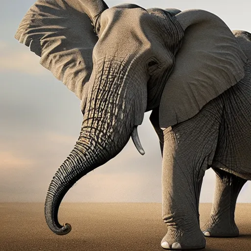 Image similar to an elephant falling apart and crumbling to dust to the air, photorealistic