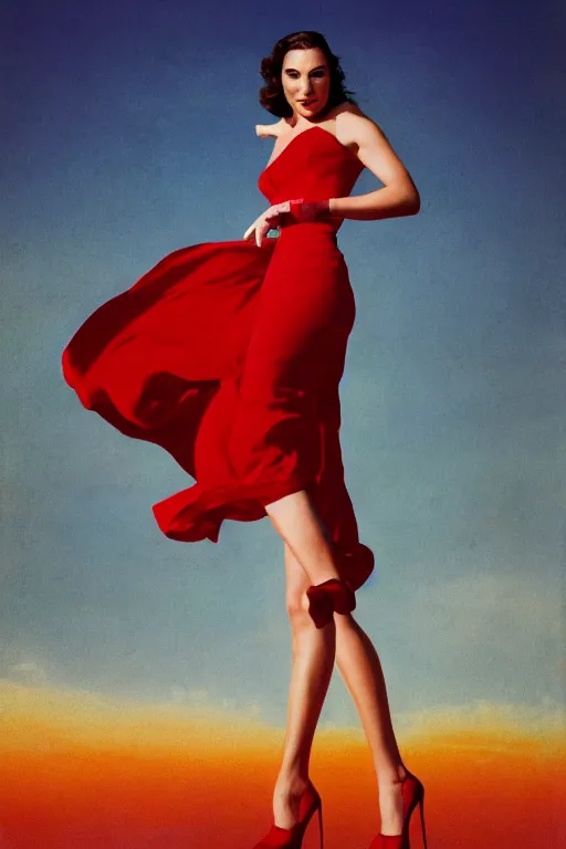 Image similar to full body portrait of gal gadot in the style of bill medcalf, red dress, blue sky with a few clouds, retro, 1 9 5 0, 4 k, detailed, headroom, rule of thirds