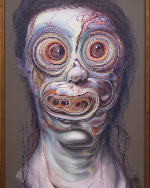 Prompt: strange surrealist, looming, biomorphic painting of a woman with large eyes, full body, pastel colours by james jean, charlie immer and jenny saville, fluid acrylic, airbrush art, timeless disturbing masterpiece