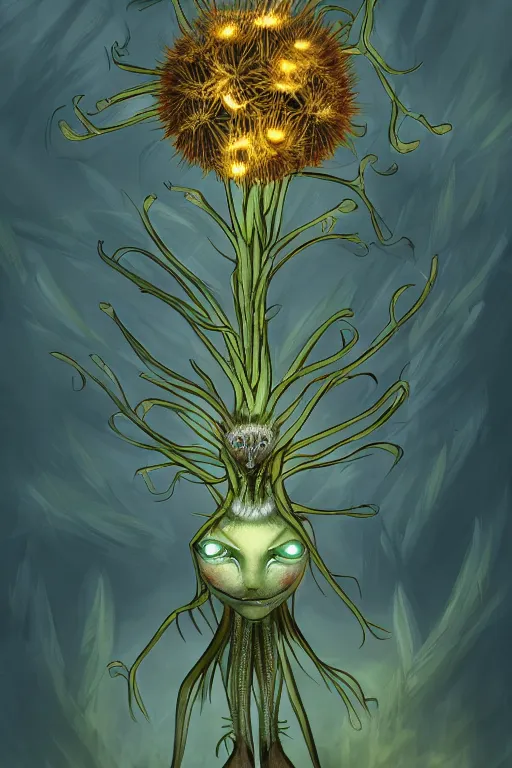 Image similar to a humanoid figure dandelion plant monster, amber eyes, highly detailed, digital art, sharp focus, ambient glow, trending on art station, anime art style