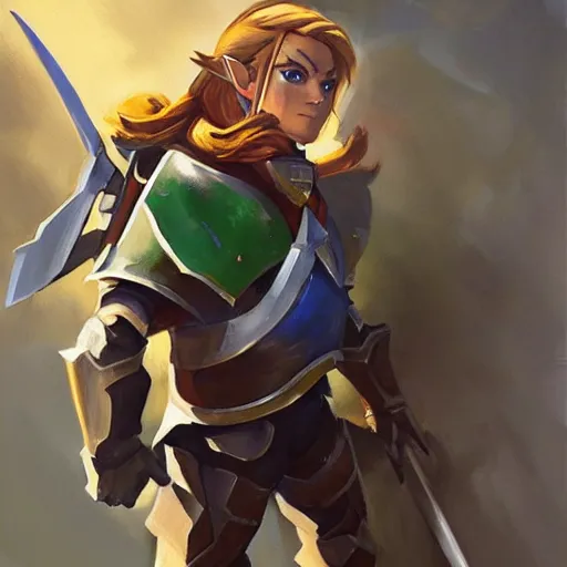 Image similar to greg manchess portrait painting of armored link from legend of zelda as overwatch character, medium shot, asymmetrical, profile picture, organic painting, sunny day, matte painting, bold shapes, hard edges, street art, trending on artstation, by huang guangjian and gil elvgren and sachin teng