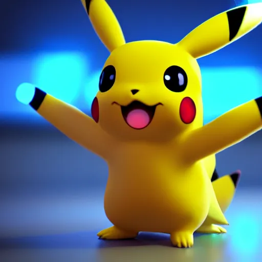 Image similar to nymph render of a very cute 3d pikachu pokemon, adorable eyes, cute smile, full round face, neon lights in background, serene bedroom setting, medium shot, mid-shot, highly detailed, trending on Artstation, Unreal Engine 4k