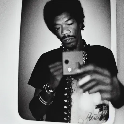 Prompt: film photo of jimmy hendrix taking a self portrait in a hotel room mirror, old photo, disposable camera