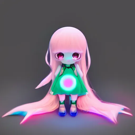 Image similar to cute fumo plush girl who has bioluminescent eyes, jelly glow, refractive bssrdf, neon lens flare, vray