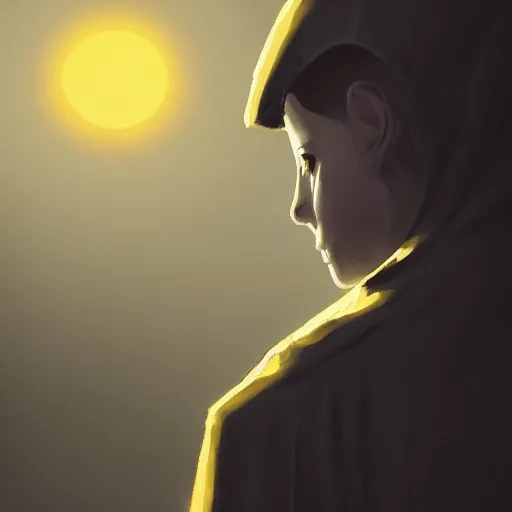 Image similar to Close up of a terrified young catholic priest at the top of a medieval tower watches as an ominous yellow shadow descends upon him from the night sky. He is seen from above fervently praying. Dramatic lighting. Award-winning digital art, trending on ArtStation