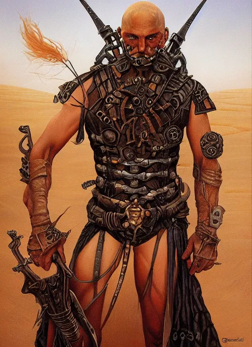 Prompt: portrait of desert warrior by gerald brom, dark fantasy, oil painting, highly detailed, elegant, sharp focus