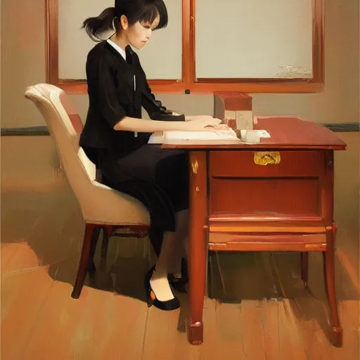Image similar to oil painting by ilya kuvshinov,, baugh casey, rhads, coby whitmore, of a youthful japanese beauty, long hair, sitting on antique chair leaning against a desk, victorian room