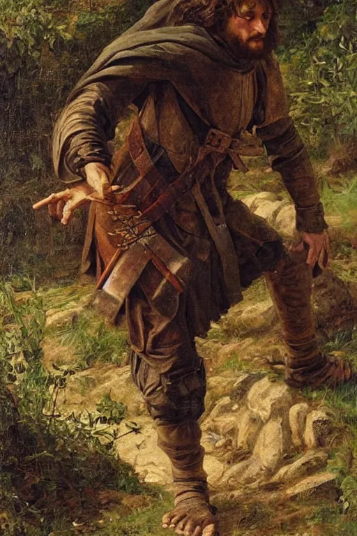 Image similar to a stumbling and falling medieval man as a oilpainting by Sophie anderson