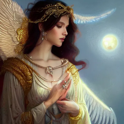 Image similar to A beautiful digital painting of a female angel full of jewels, princess, the moon behind her, intricate, cinematic lighting, highly detailed, digital painting, Artstation, concept art, smooth, sharp focus, illustration, art by Tom Bagshaw, Artgerm and Greg Rutkowski