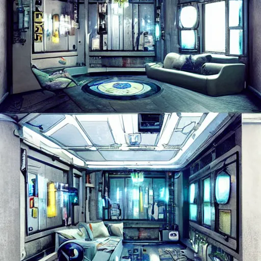 Prompt: cyberpunk art nouveau living space inspired by the movie Bladerunner