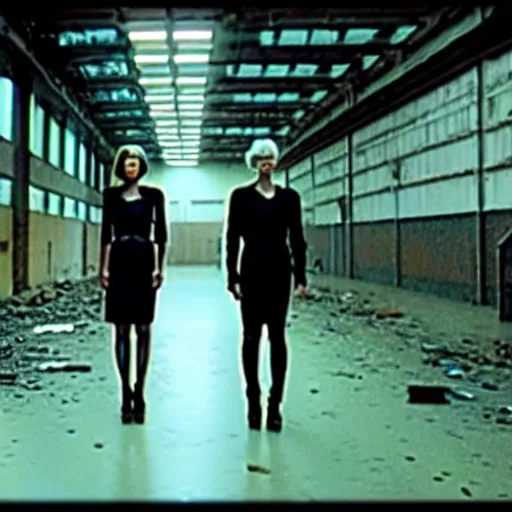 Prompt: replicants standing in an abandoned factory, still from closed circuit tv footage