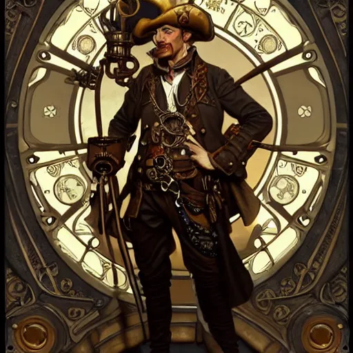 Image similar to steampunk pirate tim cook, fantasy, d & d, intricate, detailed, by by alphonse mucha, adolfo hohenstein, alice russell glenny, stanley artgerm lau, greg rutkowski, detailed, trending on artstation, trending on artstation, smooth