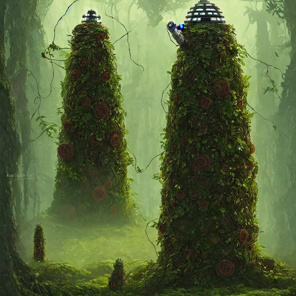 Prompt: Forestpunk Dalek covered in vines by Studio Ghibli and Greg Rutkowski, artstation