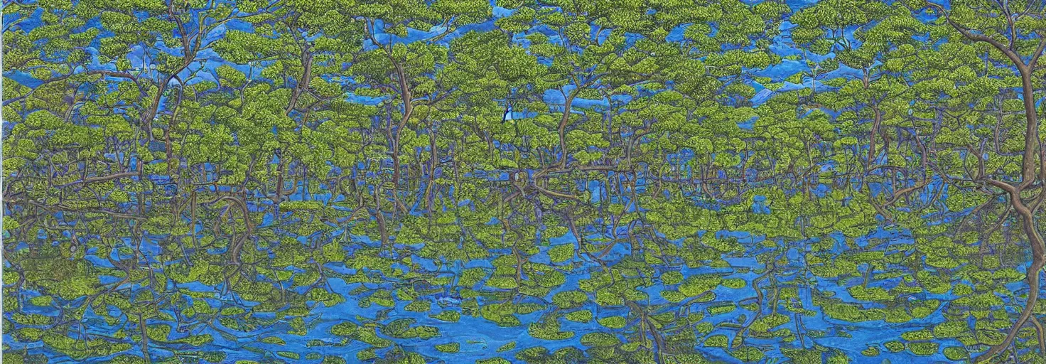 Image similar to escher painting of a lake, big trees reflecting on lake surface, ultra sharp, ultra detailed, colorized by salvador